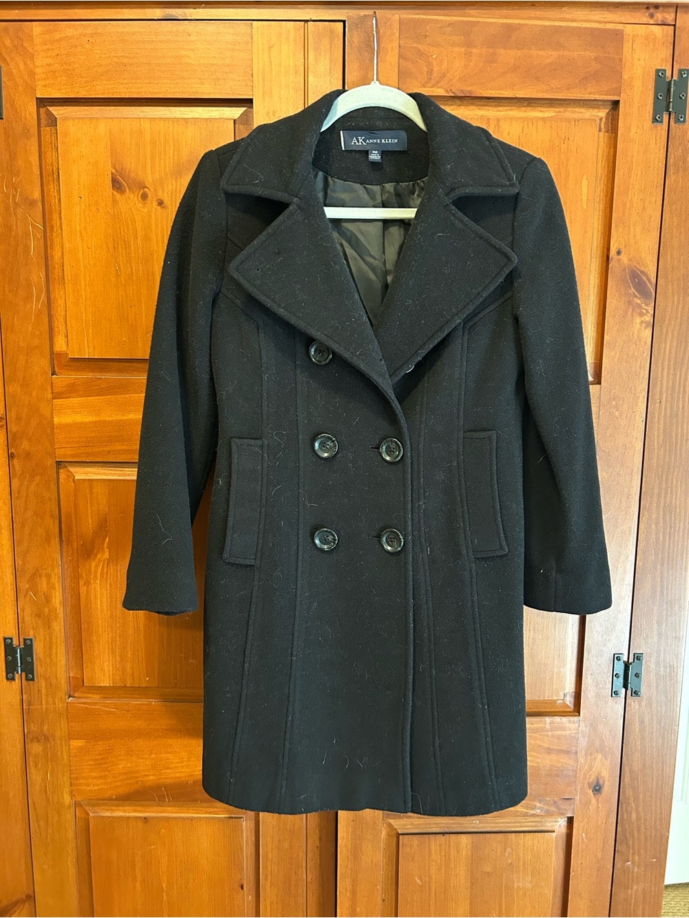 Anne Klein Black Double-Breasted Wool-Blend Peacoat